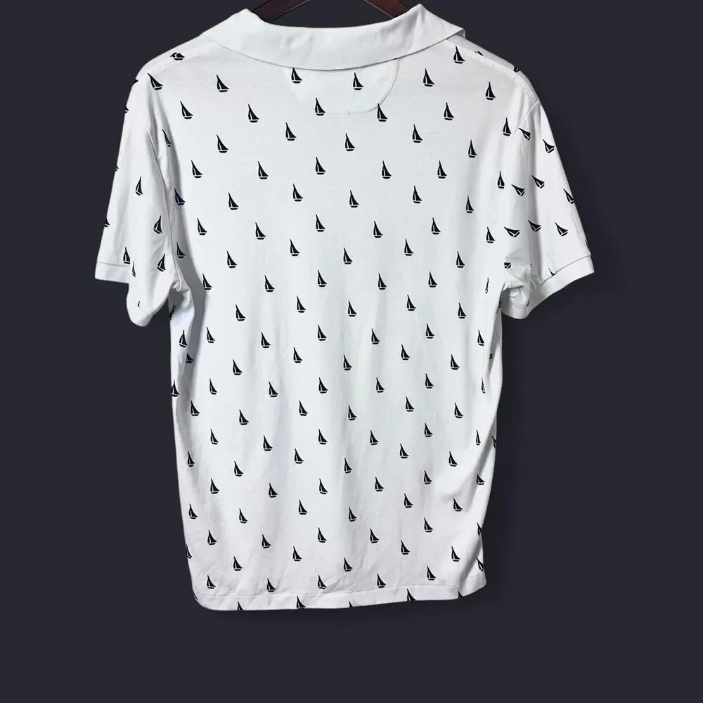 Polo Ralph Lauren Nautical Style Sailboat Print Polo White w/ Navy Blue Sz Med